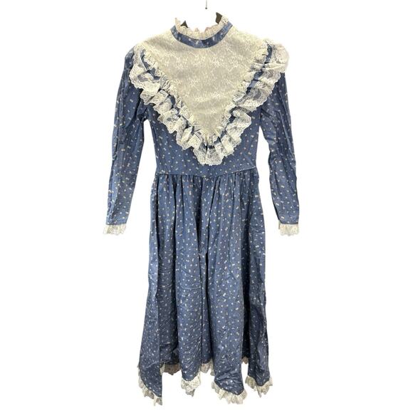 Vintage Sabrina Prairie Dress Blue Floral Lace Trim Cottagecore USA Made Sz 10 - Picture 2 of 12